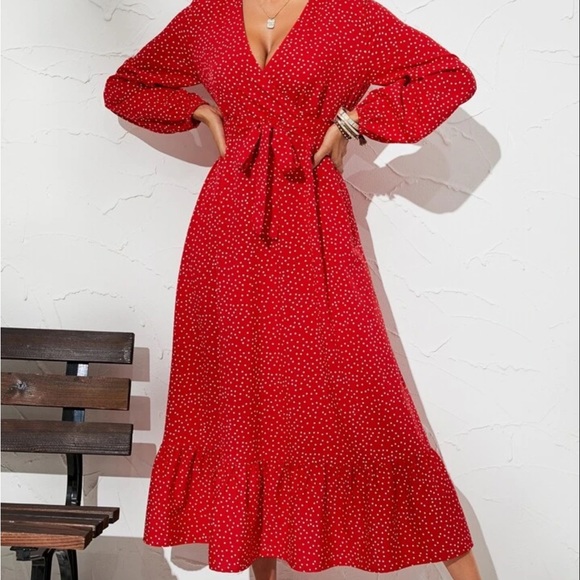 Red polka dot long length maxi dress - Picture 3 of 4